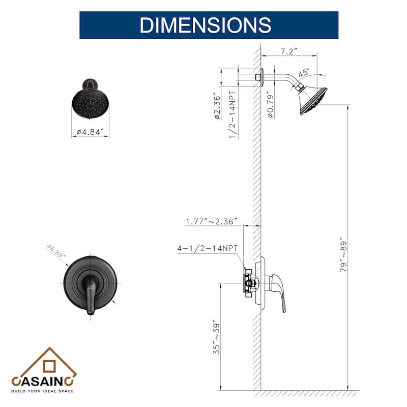 Single Handle 3-Spray Wall Mount 1.8 GPM Fixed Shower Head with Pressure Balanced Valve - 4.84" x 4.84"
