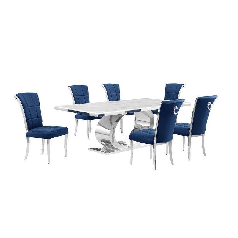 Best Quality Furniture D432/3-SC320-7 Dining Set with 87" White Marble Top