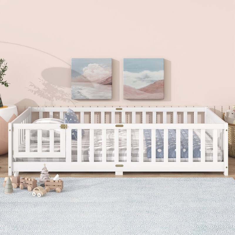 Twin Size Floor Bed with Fence and Door,Rubber Wood Floor Bed with Safety Guardrails