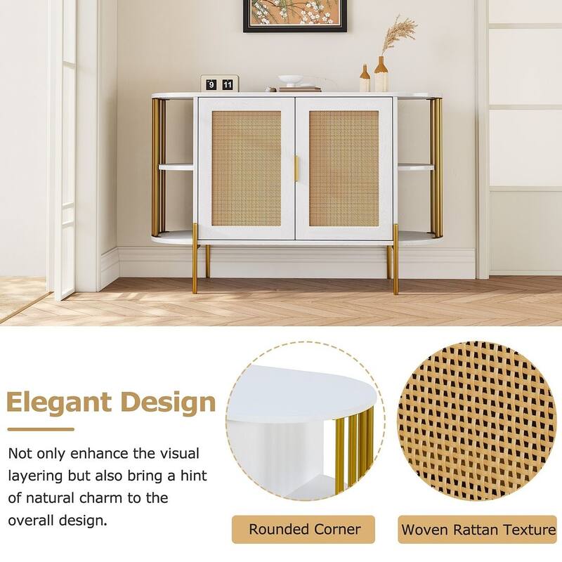 Sideboard Buffet Cabinets with Woven Ratta Doors, Curved Kitchen Storage Cabinets, Wood Coffee Bar Tables