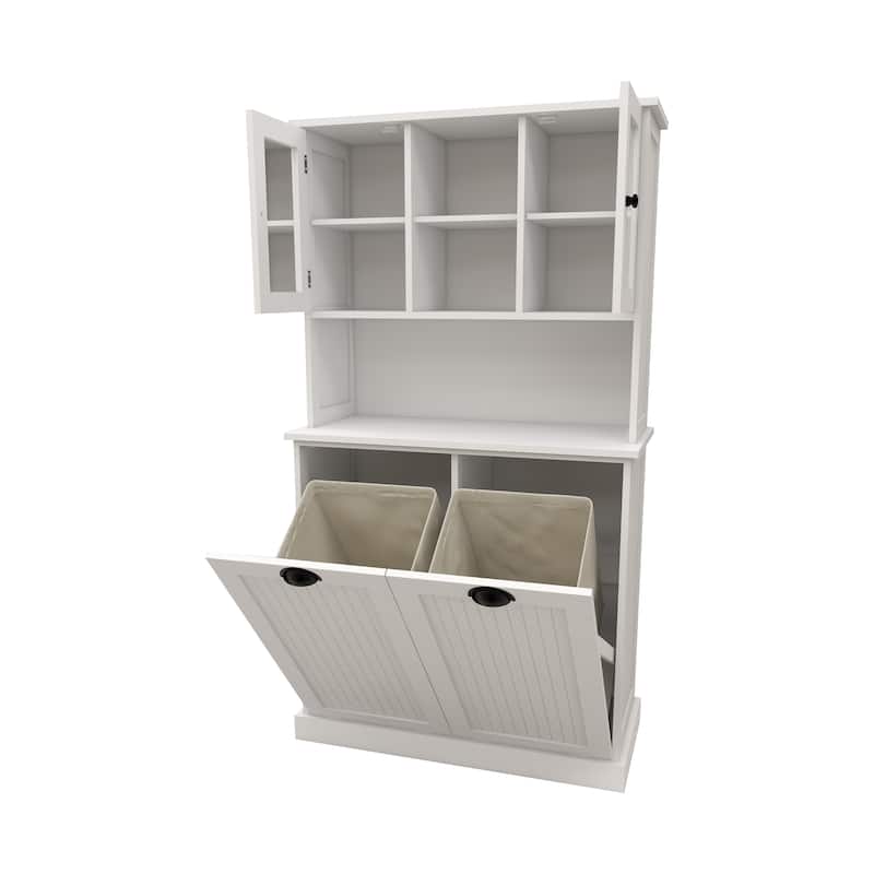White 60 in. H Storage Cabinet, Two-Compartment Tilt-Out Dirty Laundry Basket Tall Bathroom Cabinet with 2 Adjustable Shelves