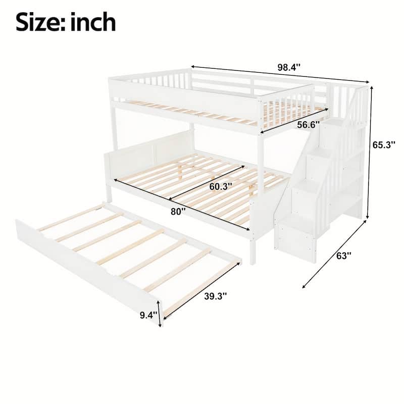 Full XL Over Queen Bunk Bed with Staircase Storage, Underbed Trundle, Open Shelf & LED Light by Harper&Bright Designs