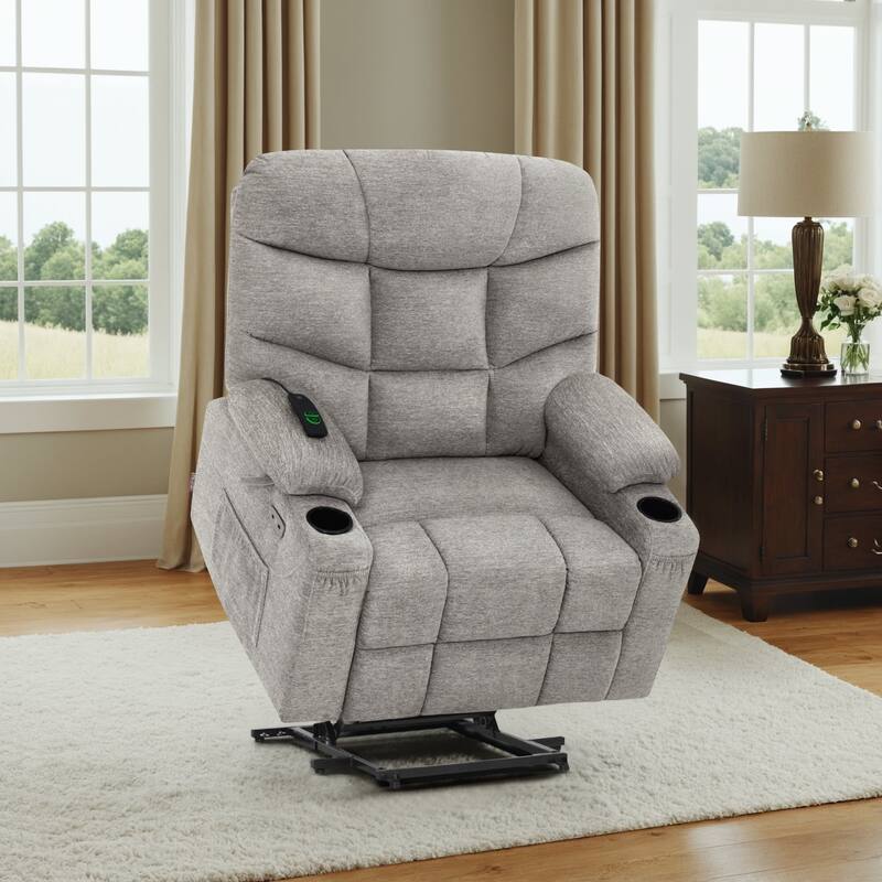 MCombo Wide Power Lift Recliner Chair with Extended Footrest for Big Elderly People, Fabric R7289 - Light Grey