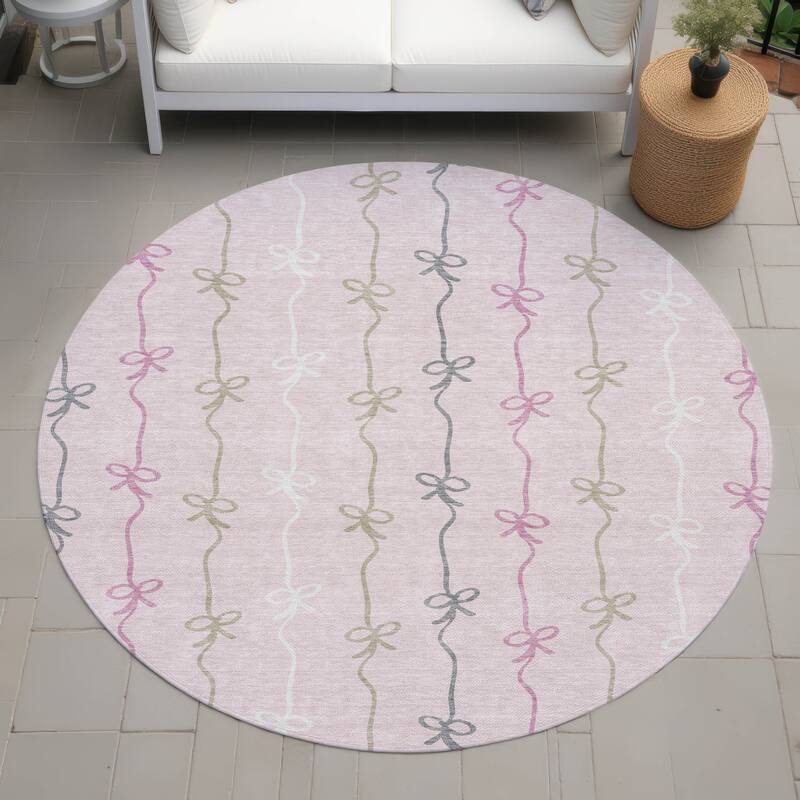 Machine Washable Indoor/ Outdoor Modern Bow Stripe Chantille Rug - Pink - 8' x 8'