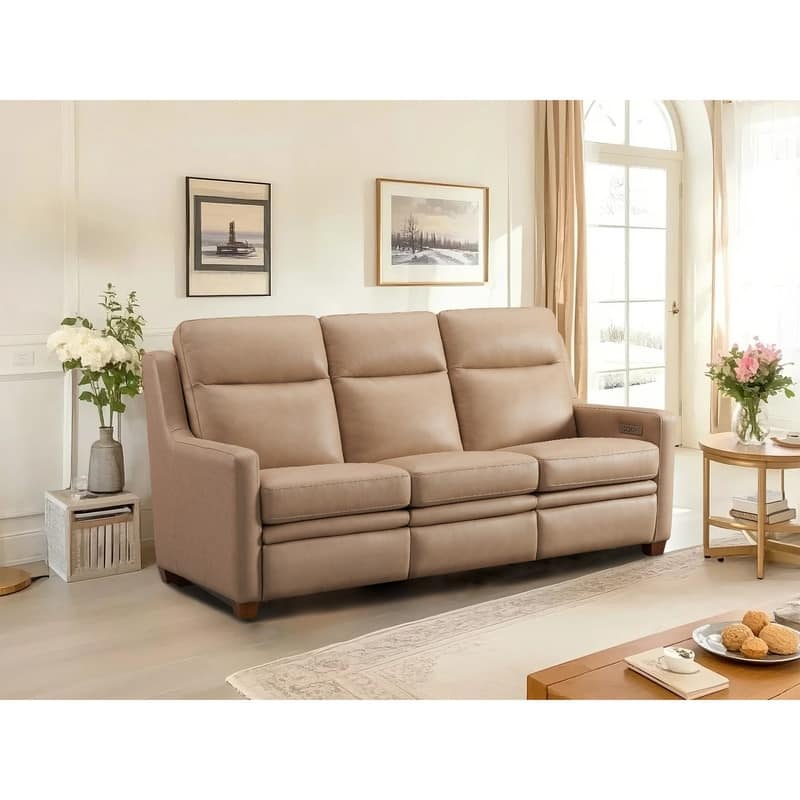 Genuine Leather Recliner Sofa 78" Triple-Motor Power Zero-Wall Reclining 3-Seat Sofa with USB&USB-C Port - Almond