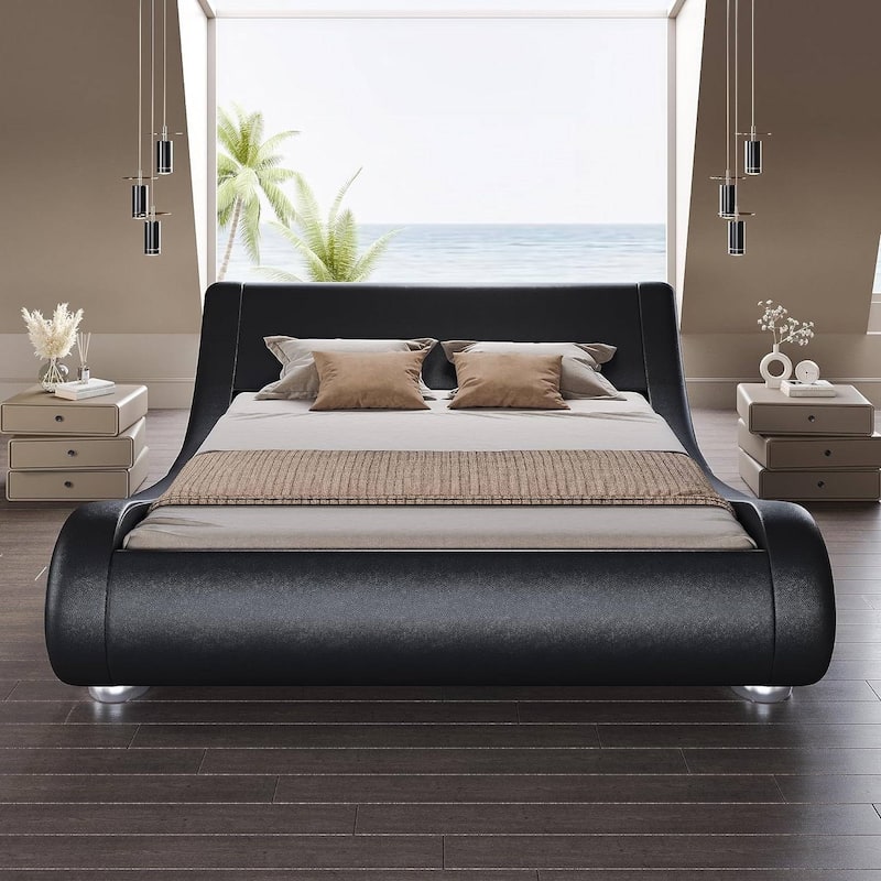 Upholstered White Platform Bed Frame with Curved Headboard and PU Leather