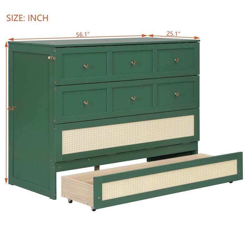 Green Murphy Bed with Drawer, Rattan Patterned Full Size Bed
