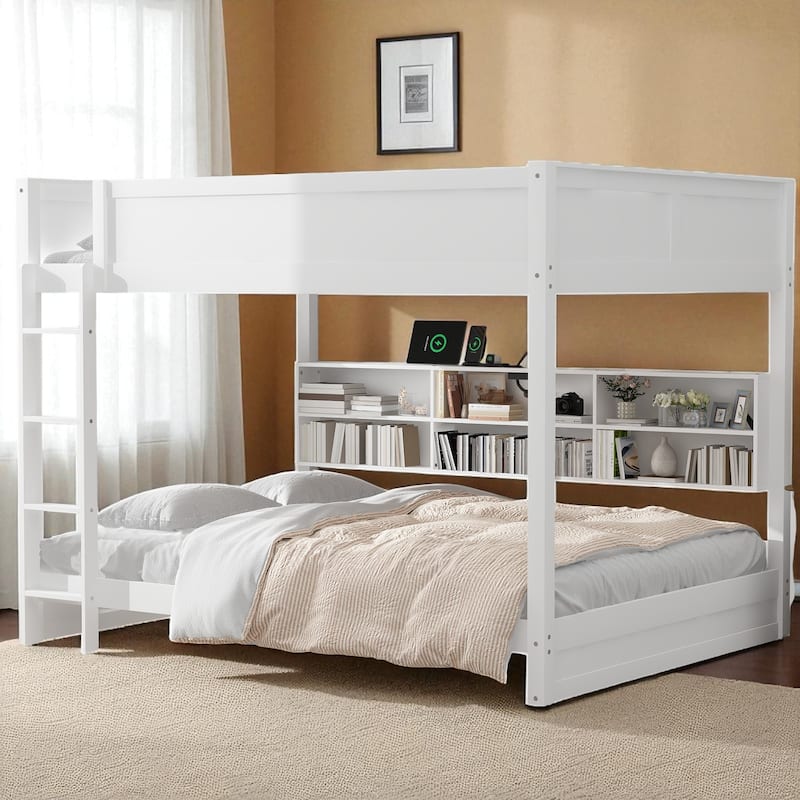 Queen over Queen Bunk Bed with Storage Cabinets, Guardrails and Built-in USB Charging Ports, Solid Wood Frame