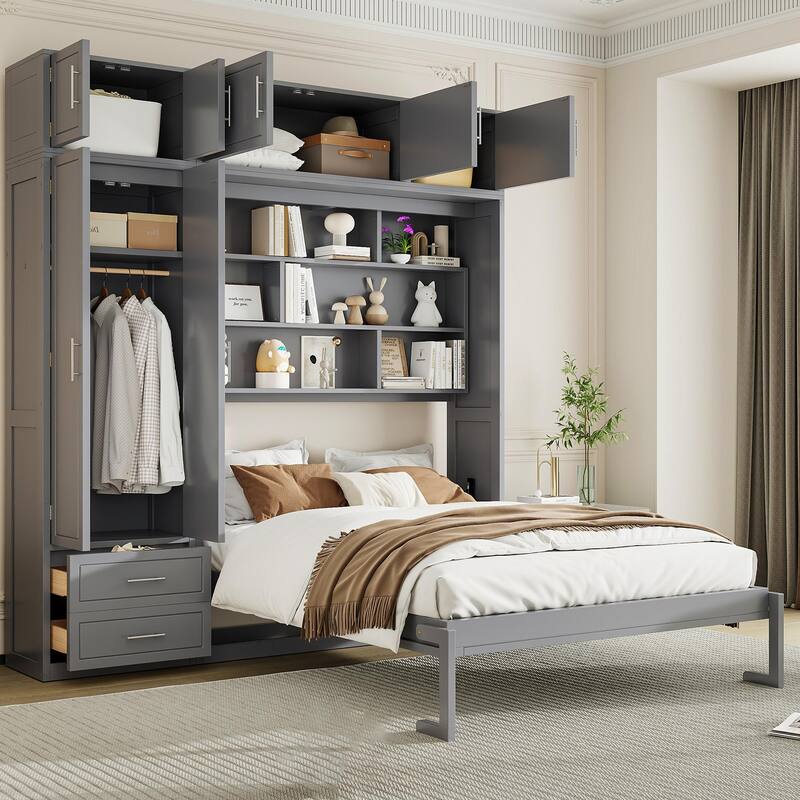 Queen-Size Foldable Wall Bed - Built-in Wardrobe & Shelves, Space-Saving Design for Guest Rooms & Small Apartments - Grey