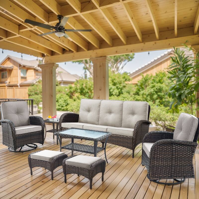 Pocassy Patio Outdoor Sofa Swivel Chairs with Ottman Table Set - Brown Wicker Beige Cushion - 7-Piece Sofa Swivel Chiar Ottoman with Table