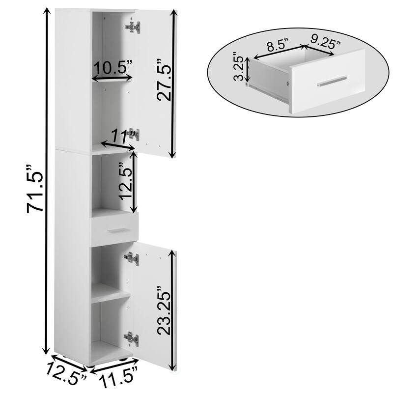 71.5 Inches Tall Thin Corner Shelf Floor Cabinet with 2 Doors, 1 Drawer, Freestanding Linen Tower Cabinet