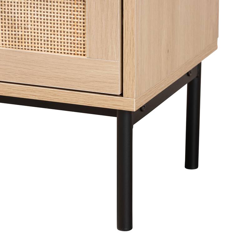 Sherwin Mid-Century Modern Light Brown and Black 2-Drawer End Table with Woven Rattan Accent