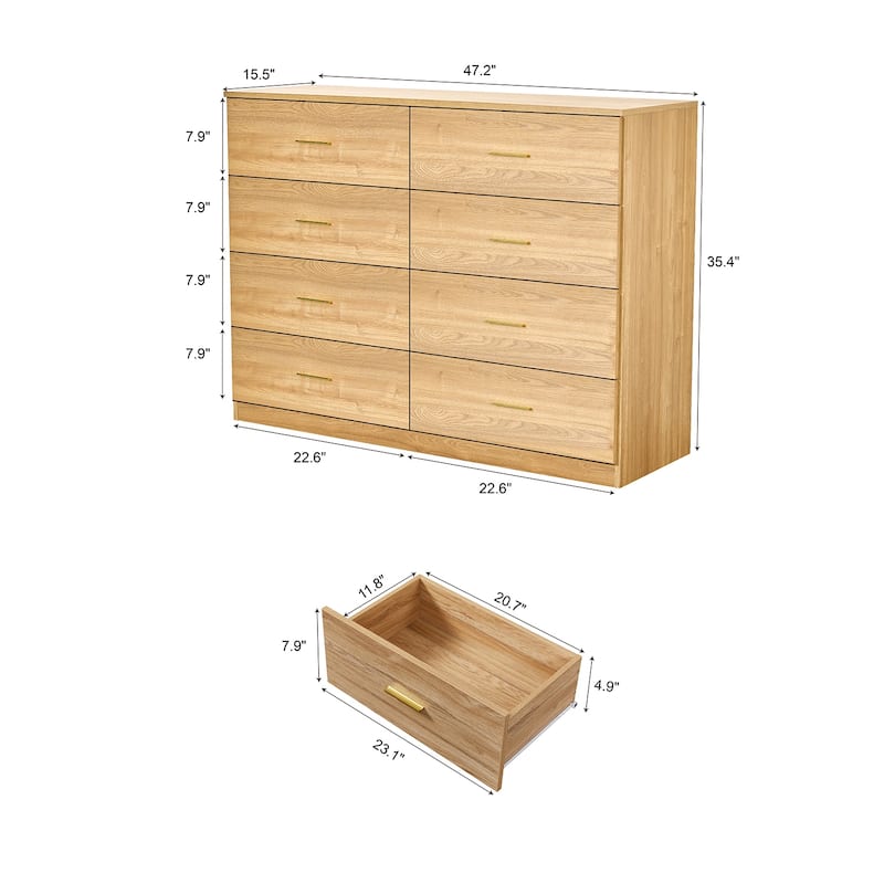 Modern Natural 8-Drawer Dresser Wide Bedroom Chest Engineered Wood Storage Cabinet with Golden Handles