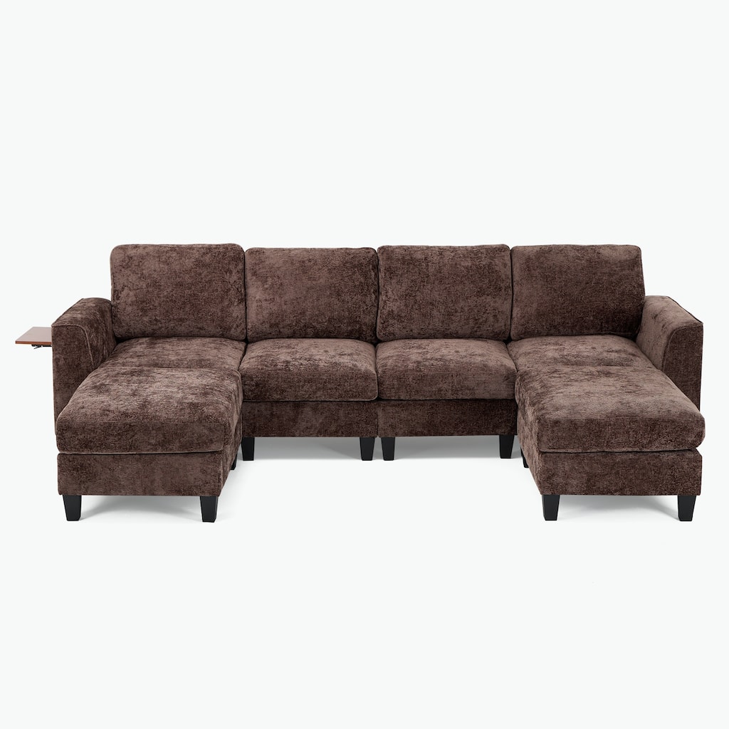 118" U-Shaped Modular Sectional with Storage Ottomans & Drop-Leaf Table - 4-Seat Plush Fabric Sofa for Large Living Rooms