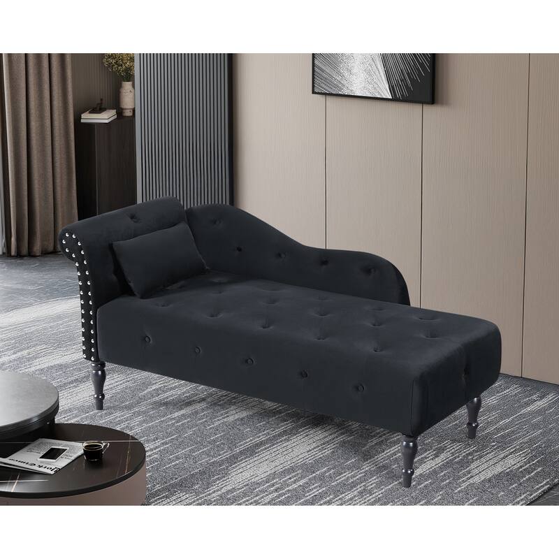 60.6" Velvet Chaise Lounge Buttons Tufted Nailhead Trimmed Solid Wood Legs with 1 Pillow (Left Arm Design) - Black