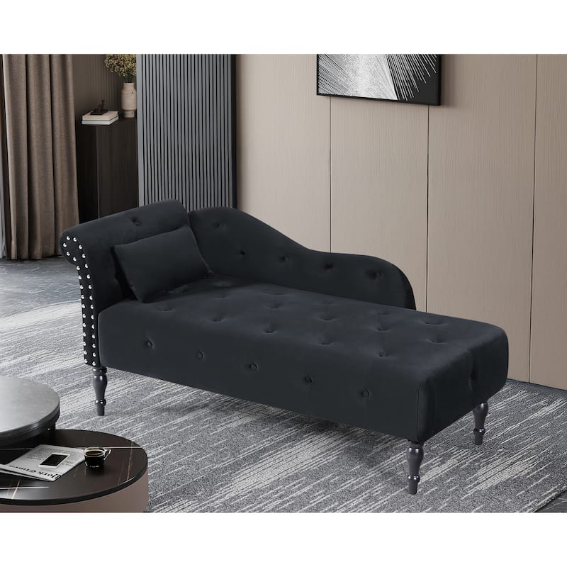 60.6" Velvet Chaise Lounge with Buttons Tufted, Nailhead Trimmed, Solid Wood Legs and 1 Pillow, Black - Multi-Color