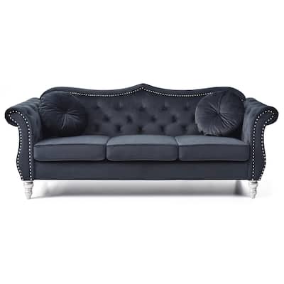 Tufted Velvet Chesterfield 3-Seater Sofa with Throw Pillows - 82" - Black