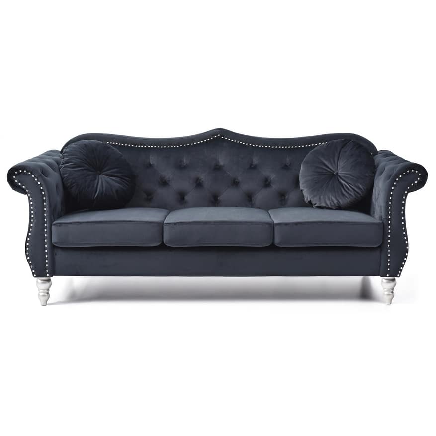 Tufted Velvet Chesterfield 3-Seater Sofa with Throw Pillows - 82" - Black