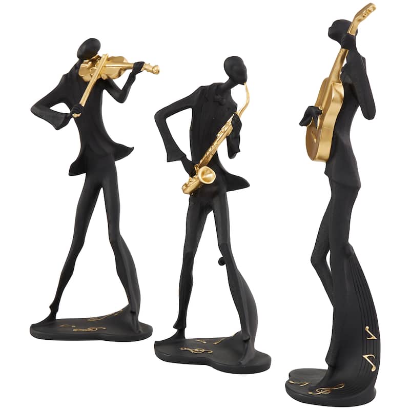 Black Polystone Abstract Musician Decorative Sculpture with Gold Instruments and Music Notes (Set of 3)