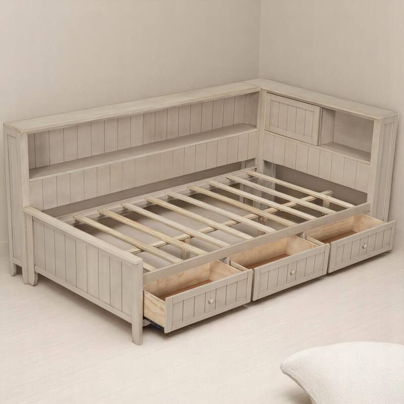 Full/Twin Daybed with Storage Shelves and 3 Drawers, Antique White Milk Farmhouse Platform Bed Frame, No Box Spring Needed
