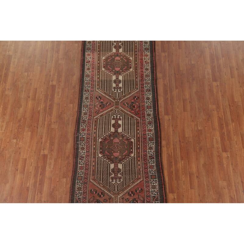 Pink Ardebil Persian Vintage Runner Rug Hand-knotted Wool Carpet - 3'6" x 10'2"