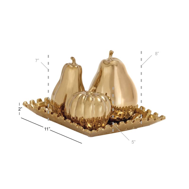 Ceramic Fruit Pear, Pumpkin, and Squash Decorative Sculpture with Decorative Plate - Set of 4 Gold or Silver - Roche River Decor