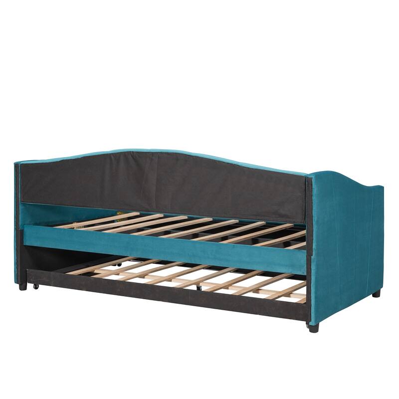 Upholstered Twin Size Daybed with Pull Out Trundle Bed, Velvet Fabric Platform Sofa Bed Frame with Wooden Slats Support