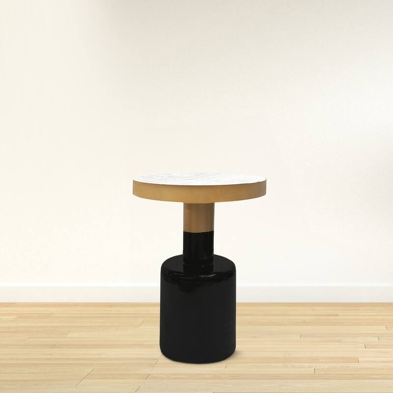 20 Inch Round Side End Table, Gold Banded Natural White Marble Top, Black Enamel Coated Iron Pedestal Base