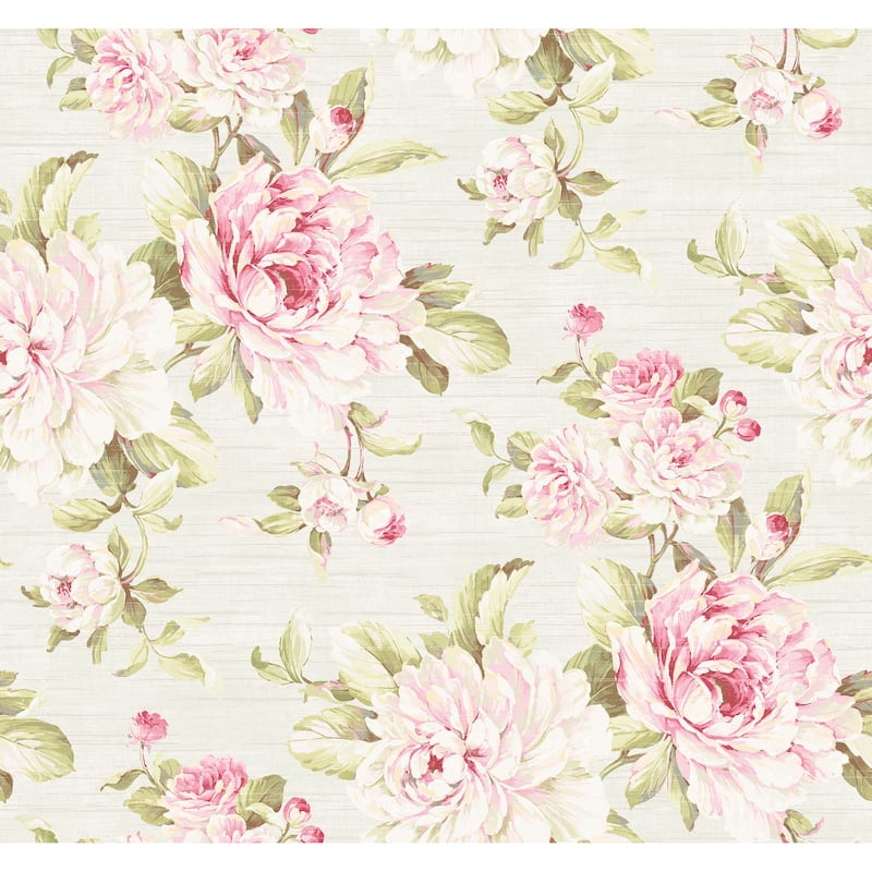 Seabrook Designs Mansel Large Peony Unpasted Wallpaper - 27 in. W x 27 ft. L - Metallic Cream & Petal Pink