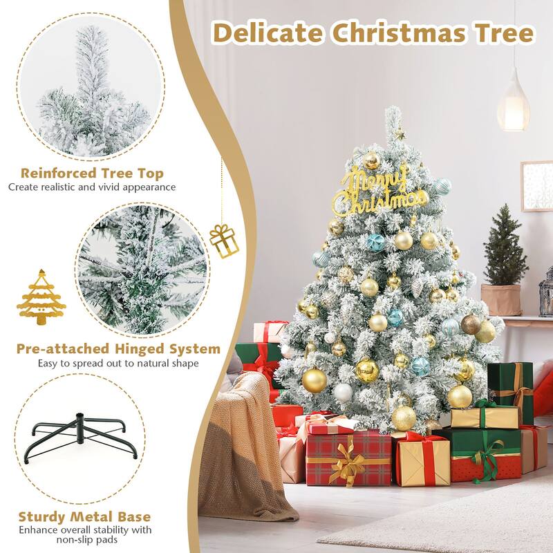 4.5 FT Pre Lit Snow Flocked Christmas Tree Artificial Hinged Xmas Tree - 4.5 ft