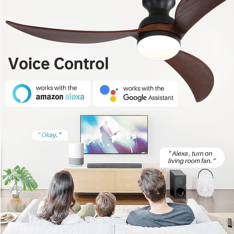 Sofucor 52inch Smart-controlled Flush-mount Ceiling Fan with Streamlined Curved Blades, Remote Control, and Dimmable LED Light