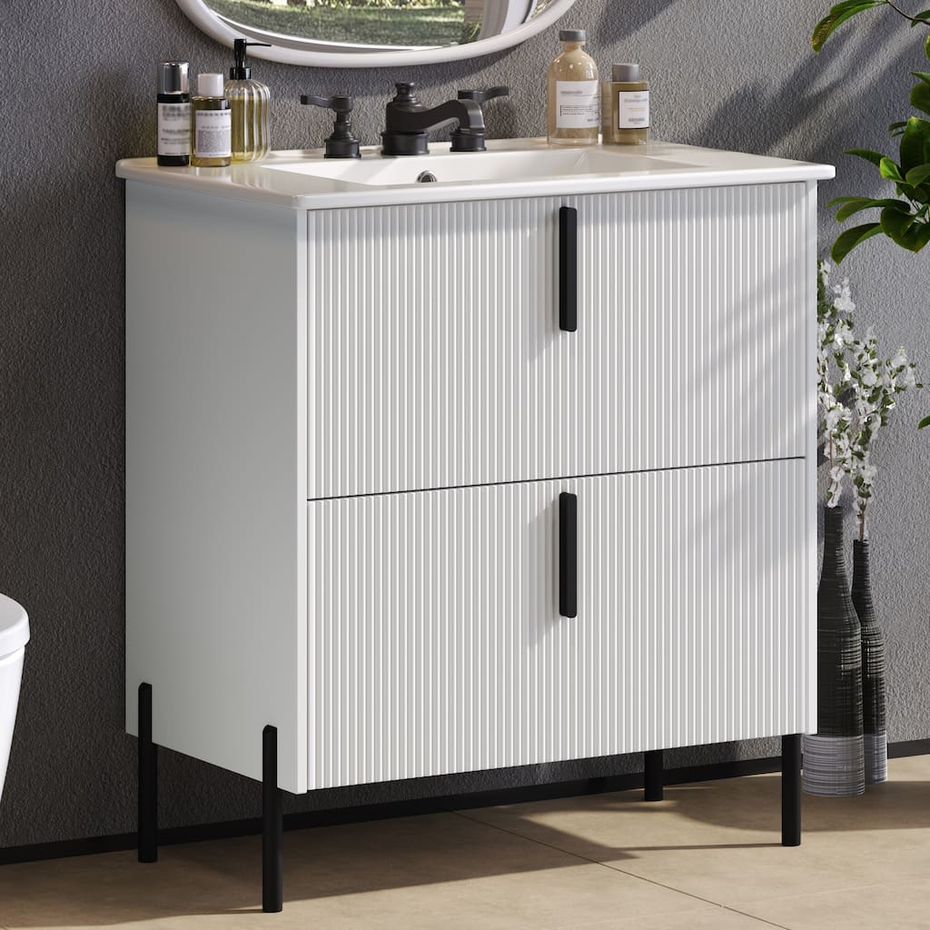 30" Bathroom Vanity with Ceramic Sink and Full-Extension Drawers, Soft Close Undermount Drawer Slides, Fluted Design, White