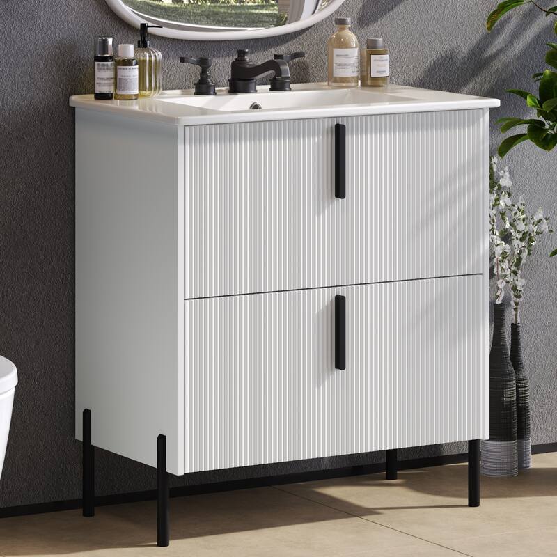 30-Inch Bathroom Vanity with a Ceramic Sink, Full-Extension Drawers, Soft-Close Undermount Slides, and a Fluted Design.