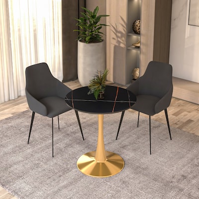 Bristol 27" Round Dining Table Sintered Stone Top & Gold Finish Stainless Steel Pedestal Base for Kitchen and Dining Room