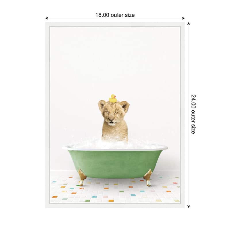 Kate and Laurel Sylvie Lion Cub in Green Bathtub on Colored Tile Framed Canvas by Amy Peterson