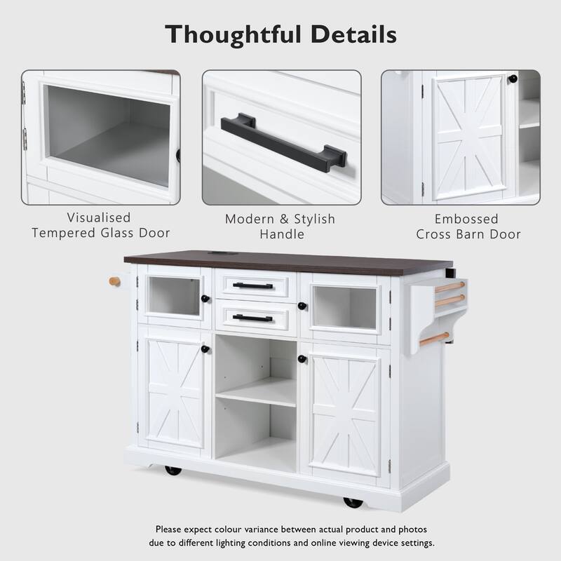 54.9"Rolling Kitchen Island w/ Drop Leaf,Power Outlet,Cross Barn Doors