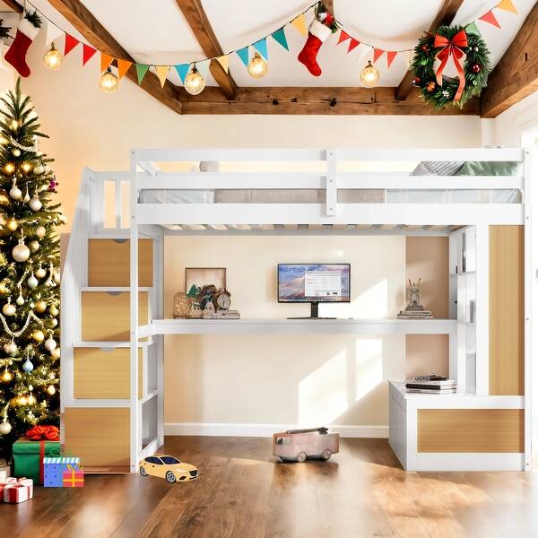 slide 2 of 13, Kid Bed Frame Full-Size Loft Bed with Desk & Storage, White & Natural White+Natural