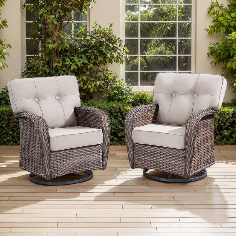 TWrap Brown Wicker Patio Swivel Glider Chairs with 5-Inch Thick Cushions (2-Pack) - Brown/Beige - 2-Piece