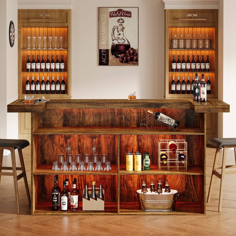 4-Tier Wooden Bar Table, 70.9" Large Home Bar Unit with Storage Shelves for Home, Patio, Basement