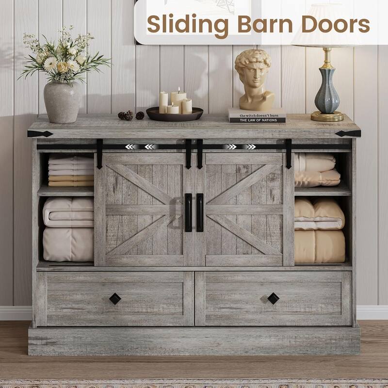 Farmhouse 4 Drawer Dresser for Bedroom 45" Wood Dressers with Sliding Barn Doors TV Stand