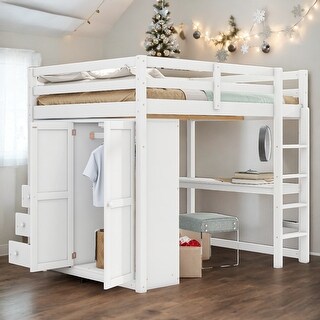 Wood Full Size Loft Bed with Wardrobe, Desk, Shelves & Drawers, White, Space-Saving Loft Bed for Kids, Teens, and Adults