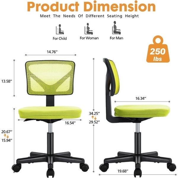 dimension image slide 0 of 6, Office Computer Desk Chair with Wheels, Ergonomic Low-Back Mesh Rolling Work Swivel Chairs, Armless Comfortable Lumbar Support