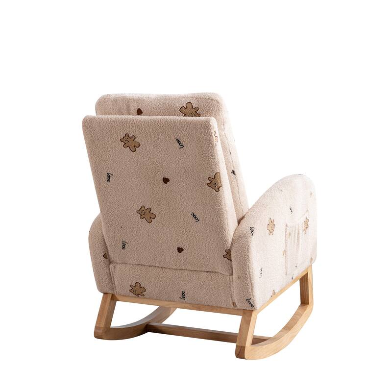 Boucle Rocking Chair with High Back, Side Pocket & Solid Wood Frame