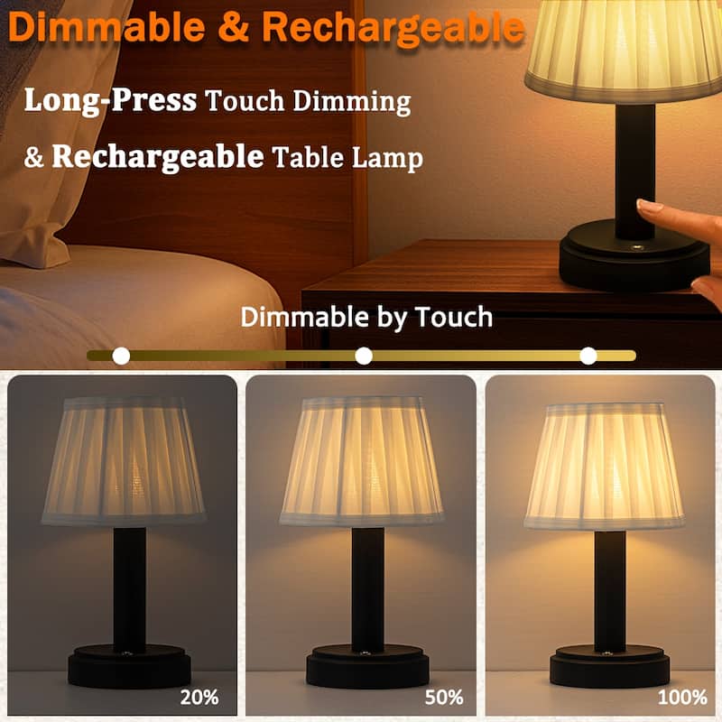 11'' Vintage Rechargeable Cordless LED Table Lamp Touch Control Mini Desk Lamp with Fabric Shade for Bedroom Living Room(2 Pack)