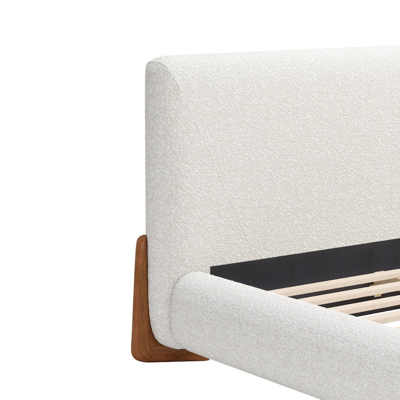 HomeRoots Ivory Solid Wood And Boucle Queen Bed Frame