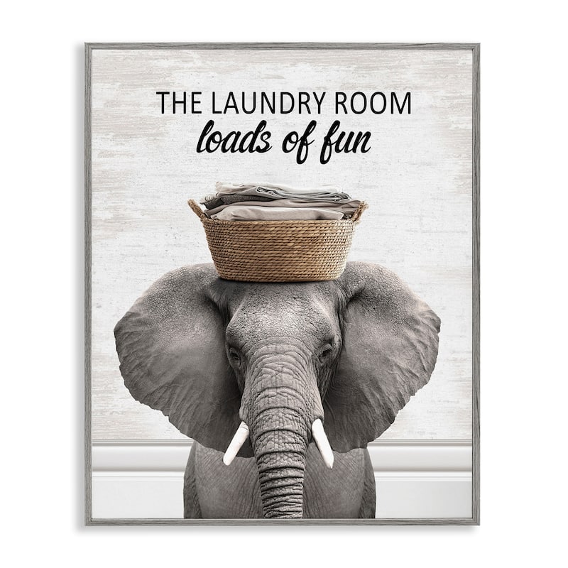 Stupell Loads Of Fun Laundry Elephant Framed Giclee Art Design By Lettered and Lined - 24 x 30 - Grey