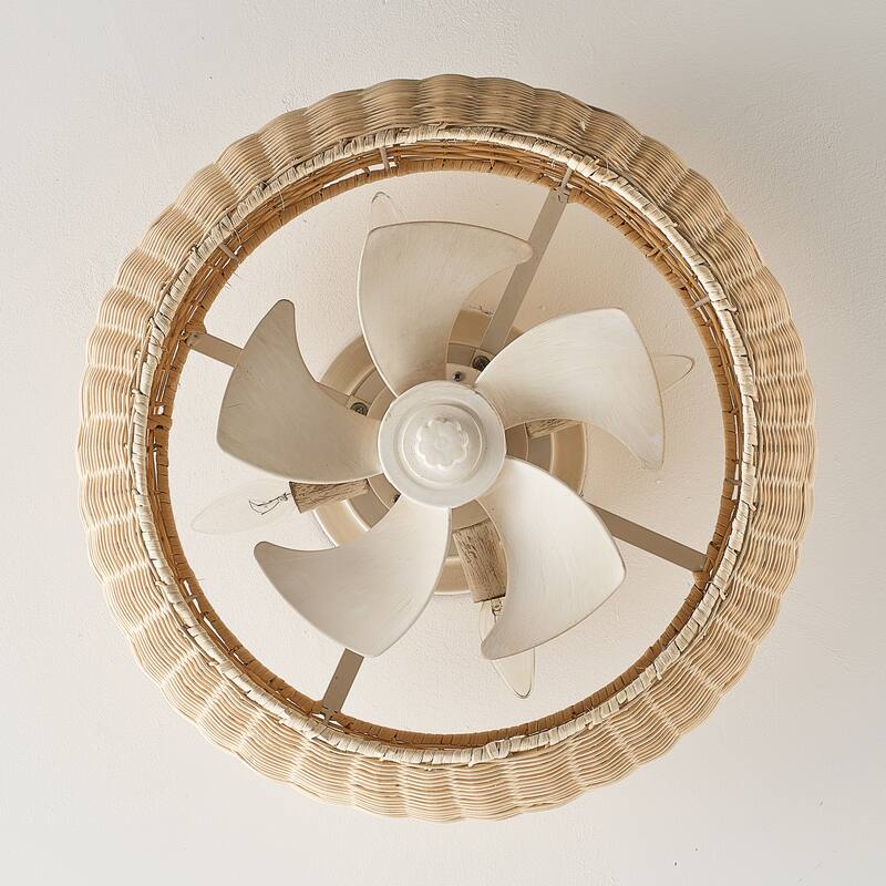 20-inch Boho Distressed White Chandelier Flush Mount Ceiling Fan with Remote and Hand-Woven Rattan Shade - 19.7" W x 7.08" H