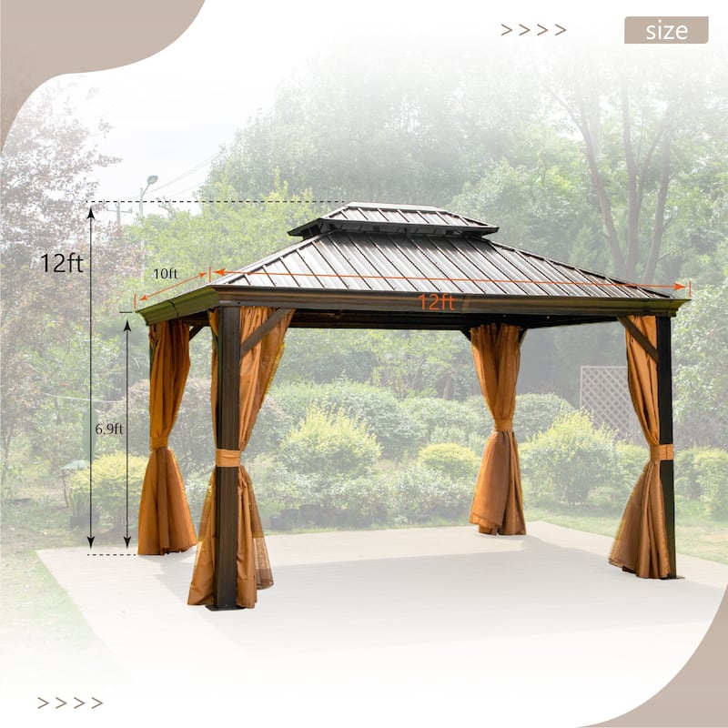 MAISON ARTS 12X16 FT Hardtop Aluminum Permanent Gazebo Double Roof Canopy with Netting & Curtains