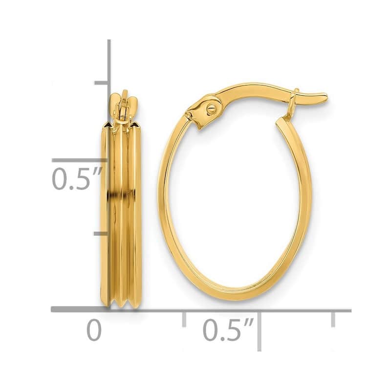 Curata 14k Yellow Gold Polished and Grooved Oval Hoop Earrings - 18.43x13mm