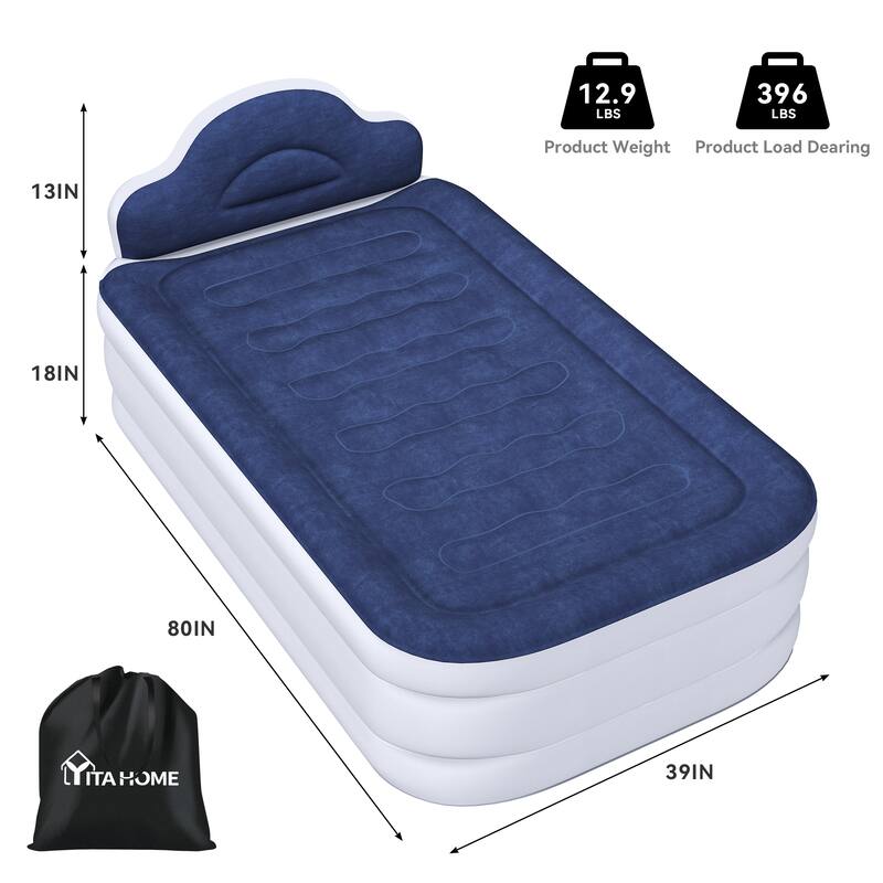Cloud-shaped inflatable mattress with a built-in power cord, fixed pump head, and inflatable headboard